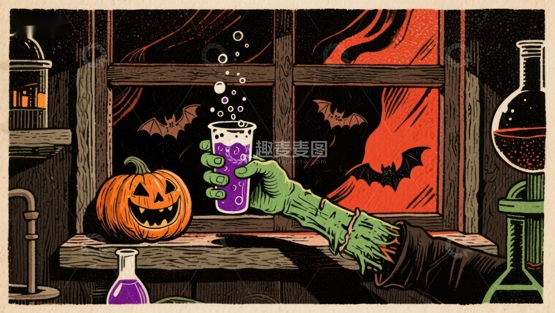 高清大图下载【趣麦麦图】万圣夜实验室：绿手握杯，窗外蝙蝠飞舞