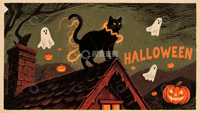 高清大图下载【趣麦麦图】屋顶上的黑猫与幽灵，万圣节夜景