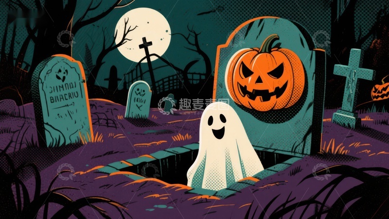 高清大图下载【趣麦麦图】万圣夜墓地的南瓜与幽灵