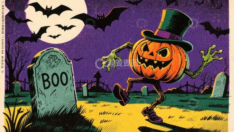 高清大图下载【趣麦麦图】万圣节南瓜怪在墓地跳跃