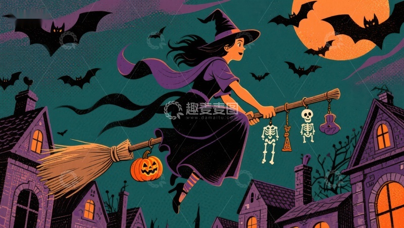 高清大图下载【趣麦麦图】万圣夜女巫骑扫帚飞过小镇