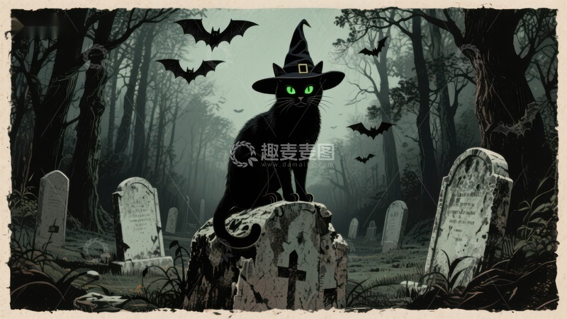 高清大图下载【趣麦麦图】万圣夜墓地黑猫