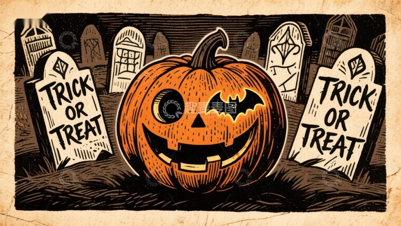 高清大图下载【趣麦麦图】万圣节南瓜与墓碑插画