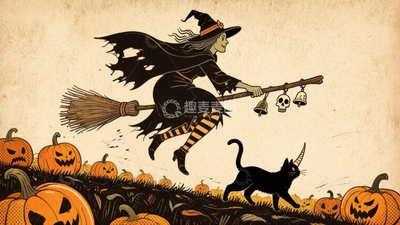 高清大图下载【趣麦麦图】巫女骑帚飞过南瓜地