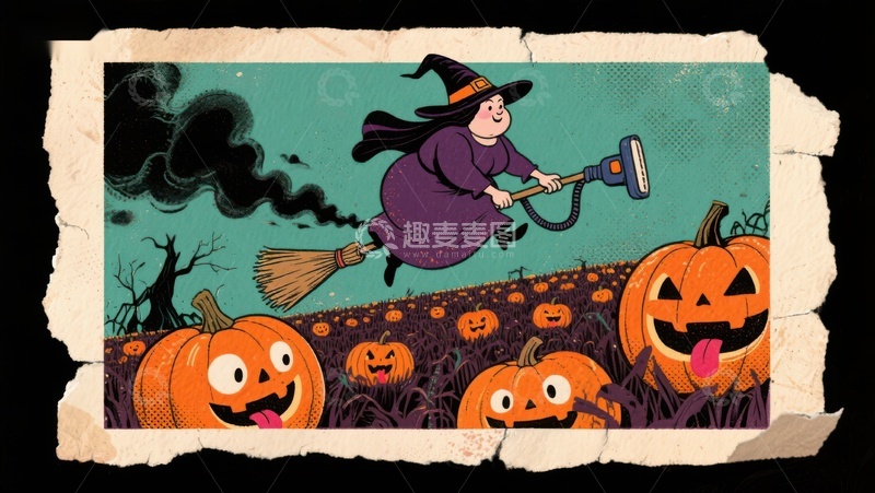高清大图下载【趣麦麦图】万圣节女巫骑扫帚飞过南瓜灯