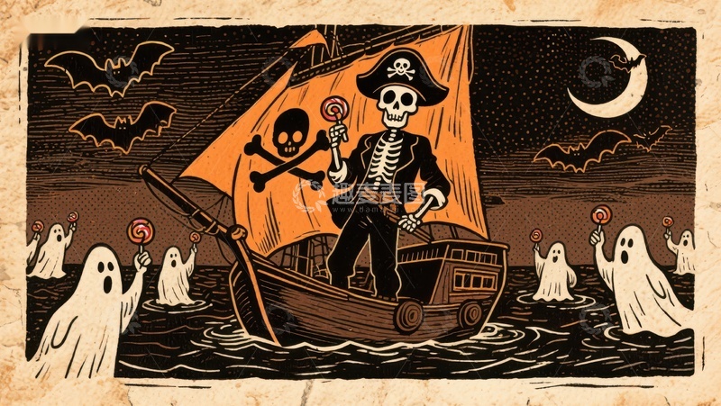 高清大图下载【趣麦麦图】万圣节骷髅海盗与幽灵