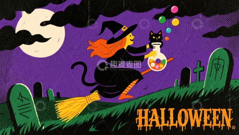 高清大图下载【趣麦麦图】万圣节女巫骑扫帚夜空飞行