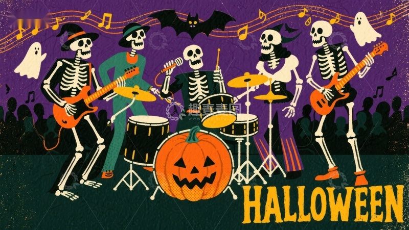高清大图下载【趣麦麦图】骷髅乐队演奏万圣节音乐