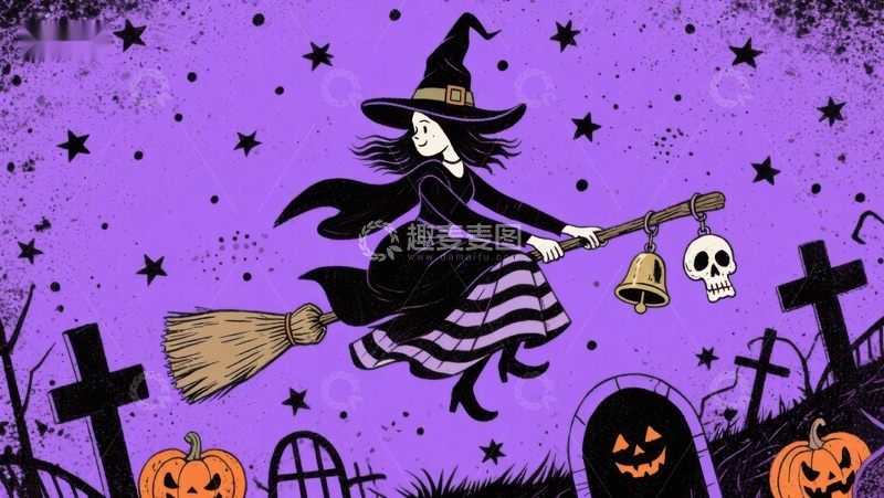 高清大图下载【趣麦麦图】万圣夜女巫骑扫帚飞越墓地