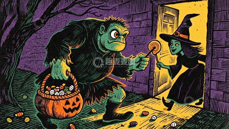 高清大图下载【趣麦麦图】-万圣夜怪兽与女巫的糖果交易