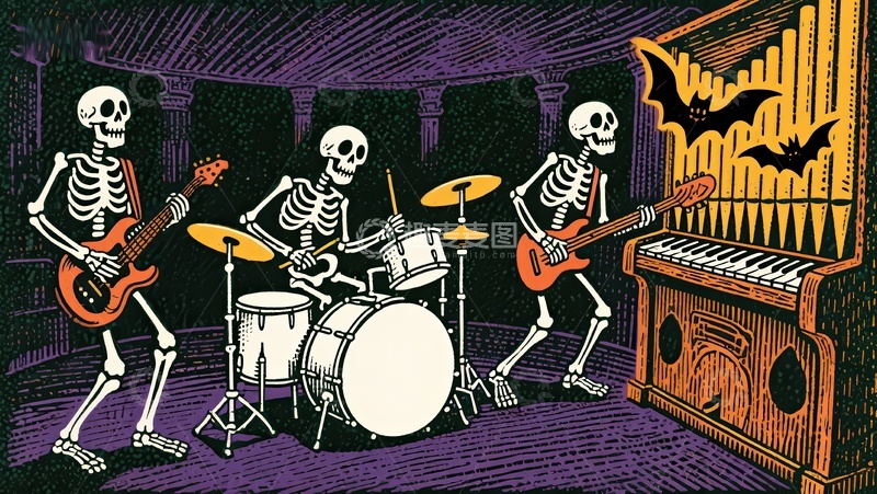高清大图下载【趣麦麦图】骷髅乐队演奏音乐