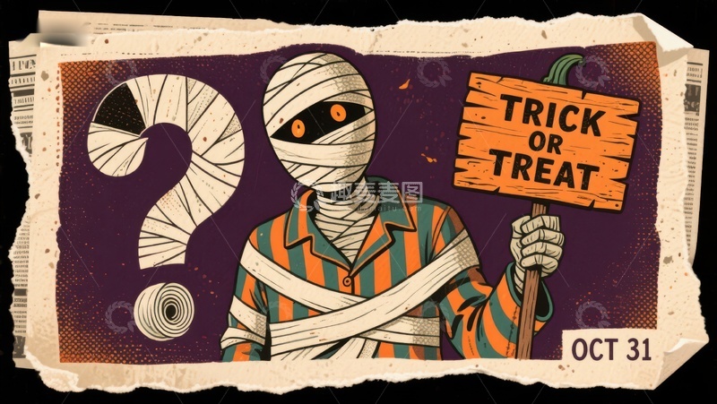 高清大图下载【趣麦麦图】木乃伊手持南瓜灯，庆祝万圣节