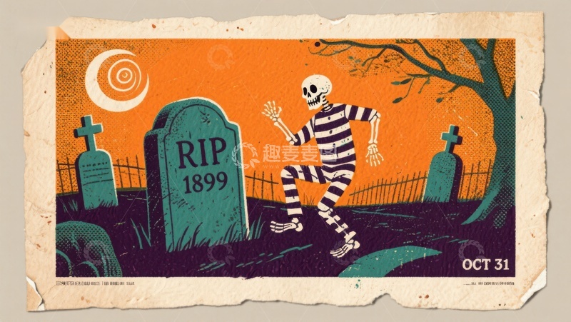 高清大图下载【趣麦麦图】墓地骷髅舞动，万圣节夜景