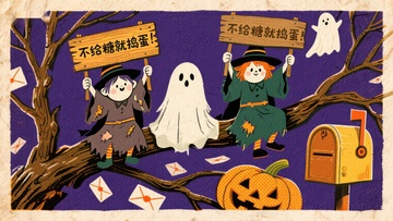 万圣节树上小巫师与幽灵