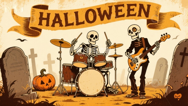 高清大图下载【趣麦麦图】骷髅乐队演奏万圣节音乐