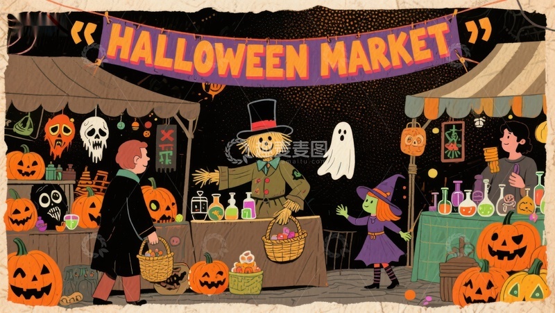 万圣节市场热闹场景