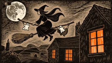 巫女夜骑扫帚，鬼魂相伴飞过村庄