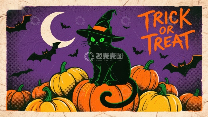 高清大图下载【趣麦麦图】万圣节黑猫南瓜灯插画