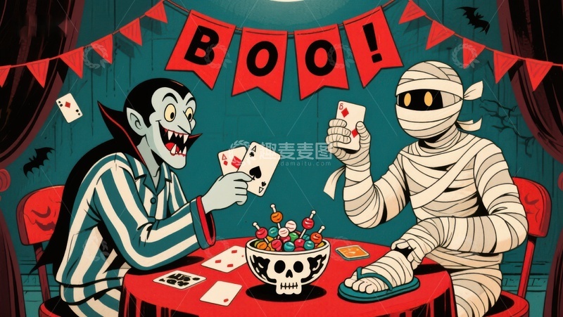 高清大图下载【趣麦麦图】万圣节派对：吸血鬼与木乃伊玩牌