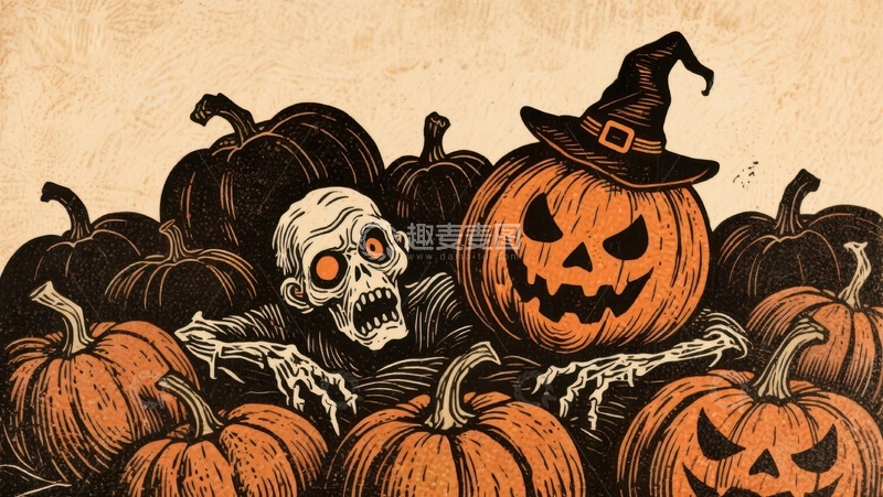 高清大图下载【趣麦麦图】万圣节南瓜与骷髅的恐怖场景