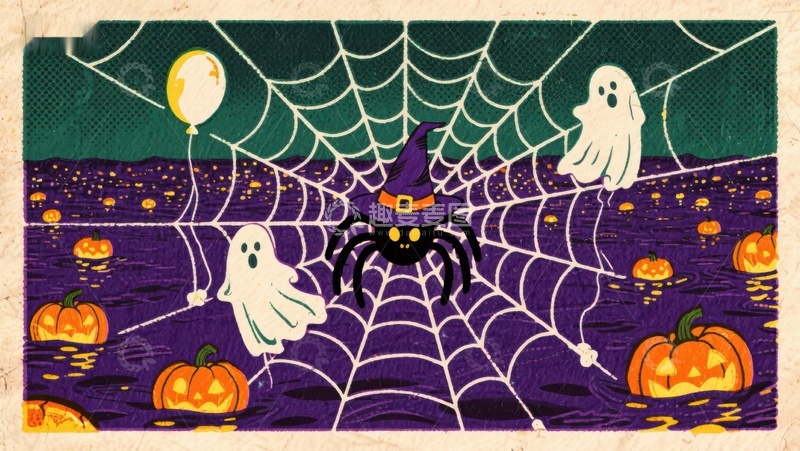 高清大图下载【趣麦麦图】万圣节夜景：鬼魂、蜘蛛与南瓜灯