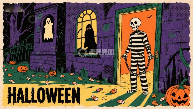 高清大图下载【趣麦麦图】万圣节夜景：骷髅与幽灵的紫色宅邸
