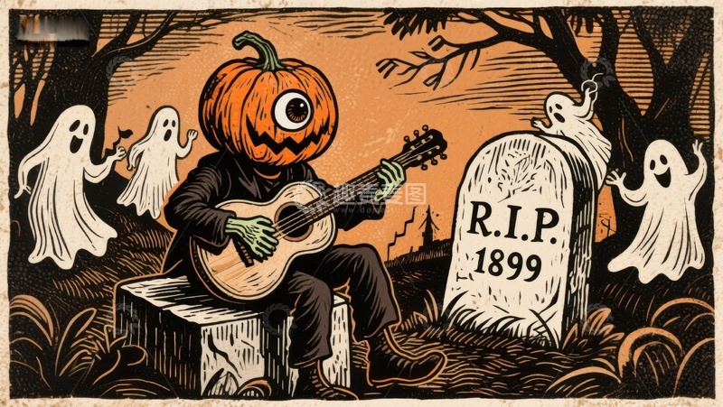 高清大图下载【趣麦麦图】南瓜头吉他手与幽灵的墓地夜景