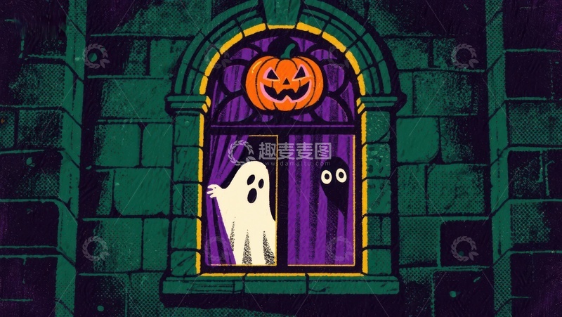 高清大图下载【趣麦麦图】万圣节夜窗：南瓜灯与幽灵
