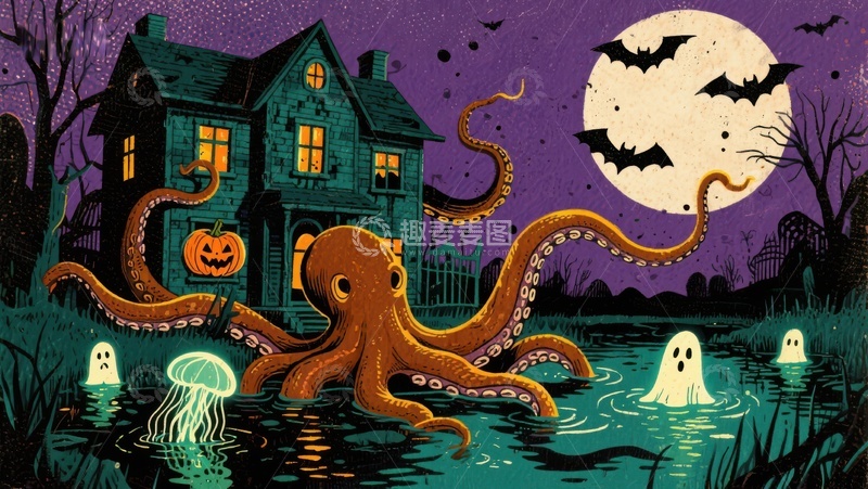 高清大图下载【趣麦麦图】幽灵屋旁的神秘章鱼