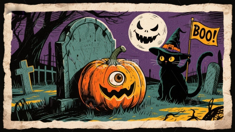 高清大图下载【趣麦麦图】万圣节墓地南瓜与黑猫
