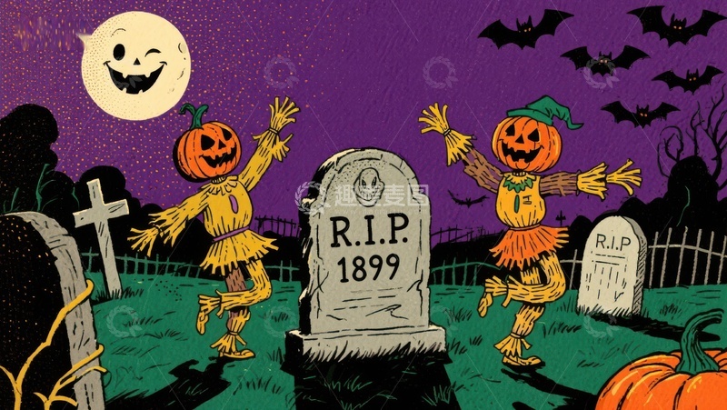 高清大图下载【趣麦麦图】万圣节南瓜灯在墓地跳舞