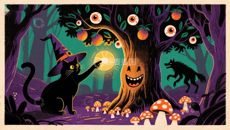 高清大图下载【趣麦麦图】黑猫与魔法树的奇幻夜