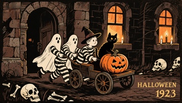 复古万圣节夜景：南瓜车与幽灵
