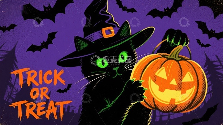 万圣节黑猫手持南瓜灯