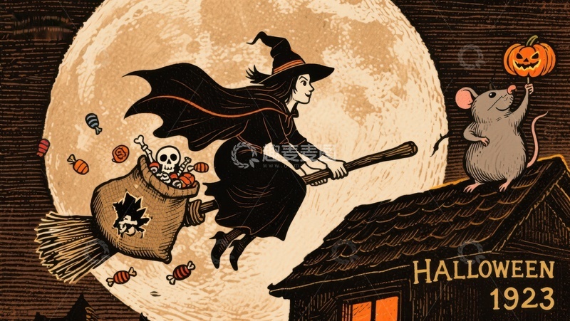 高清大图下载【趣麦麦图】万圣节女巫骑扫帚夜行