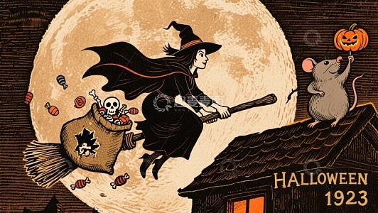 万圣节女巫骑扫帚夜行