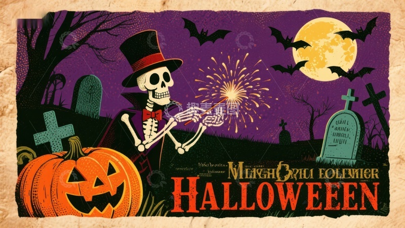 高清大图下载【趣麦麦图】万圣节骷髅烟花夜景