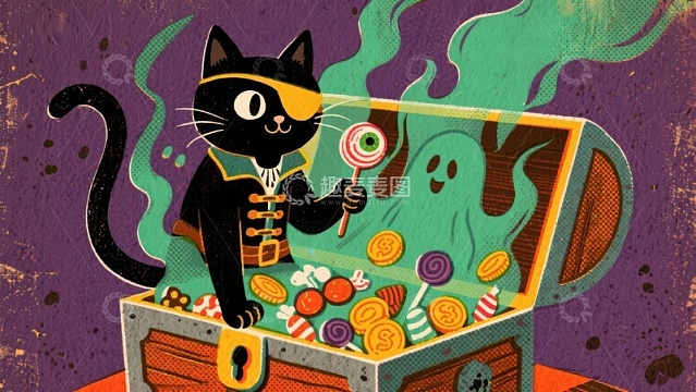 黑猫手持棒棒糖，打开糖果宝箱