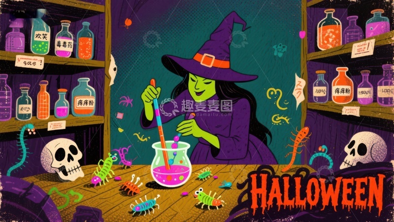 高清大图下载【趣麦麦图】万圣节女巫酿造魔法药水