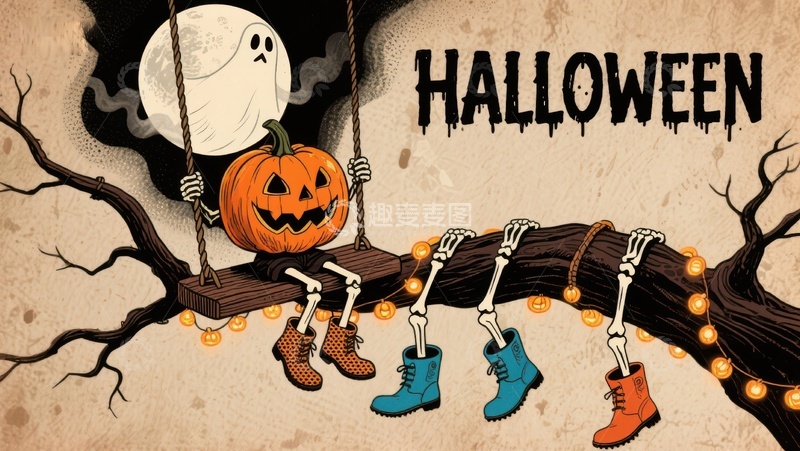 高清大图下载【趣麦麦图】万圣节南瓜幽灵与骷髅靴子