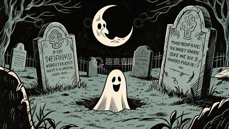 高清大图下载【趣麦麦图】墓地夜景中的微笑幽灵