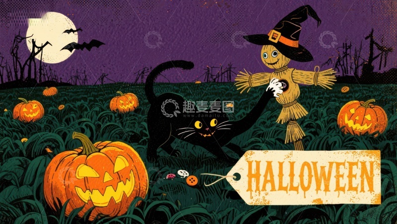 高清大图下载【趣麦麦图】万圣节夜景：黑猫与稻草人