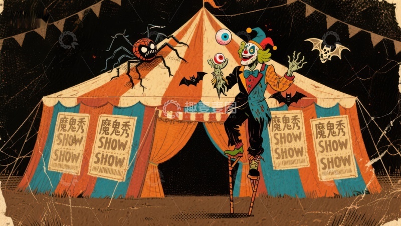高清大图下载【趣麦麦图】诡异马戏团：小丑与蜘蛛的奇幻表演