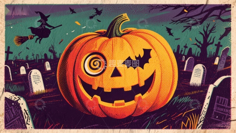 高清大图下载【趣麦麦图】万圣节南瓜灯与墓地夜景