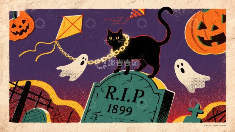 高清大图下载【趣麦麦图】万圣节墓碑与黑猫