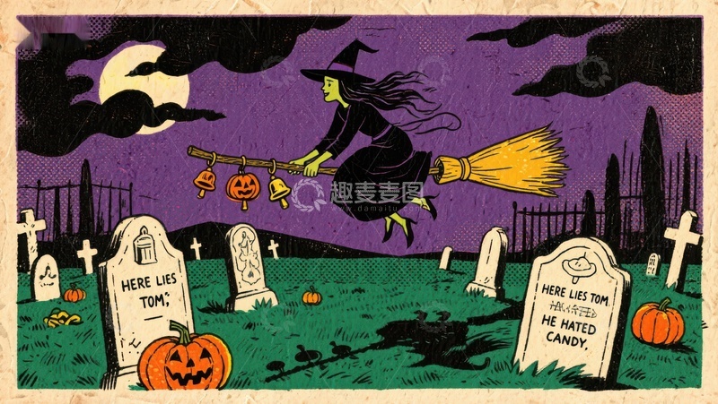 高清大图下载【趣麦麦图】万圣夜巫女飞越墓地