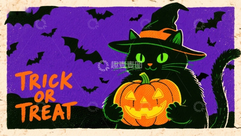 高清大图下载【趣麦麦图】万圣节猫咪怀抱南瓜灯