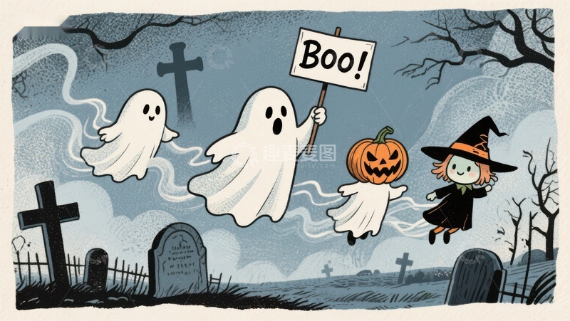 高清大图下载【趣麦麦图】万圣节幽灵与小巫师的欢乐夜