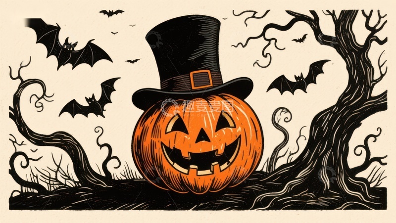 高清大图下载【趣麦麦图】万圣节南瓜灯与蝙蝠的夜景