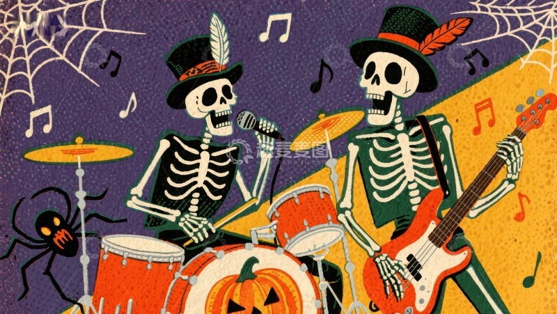 高清大图下载【趣麦麦图】骷髅乐队演奏万圣节音乐